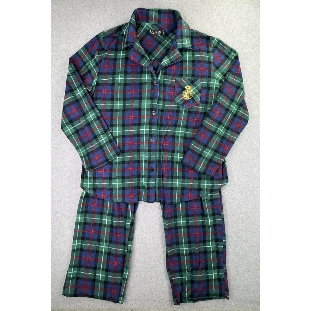 Ralph Lauren Black Label Fleece Tartan Plaid Pajama Set‎ Women's Petite L Crest
